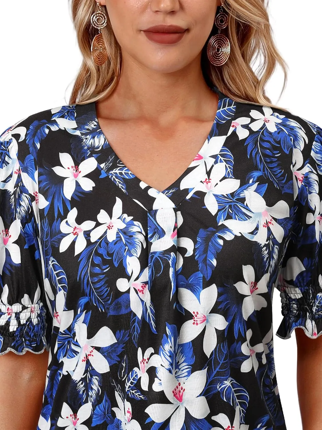 ZXZY Women Ruffle Short Sleeve Pleated V Neck Floral Print Hawaiian Shirts Blouse Tops