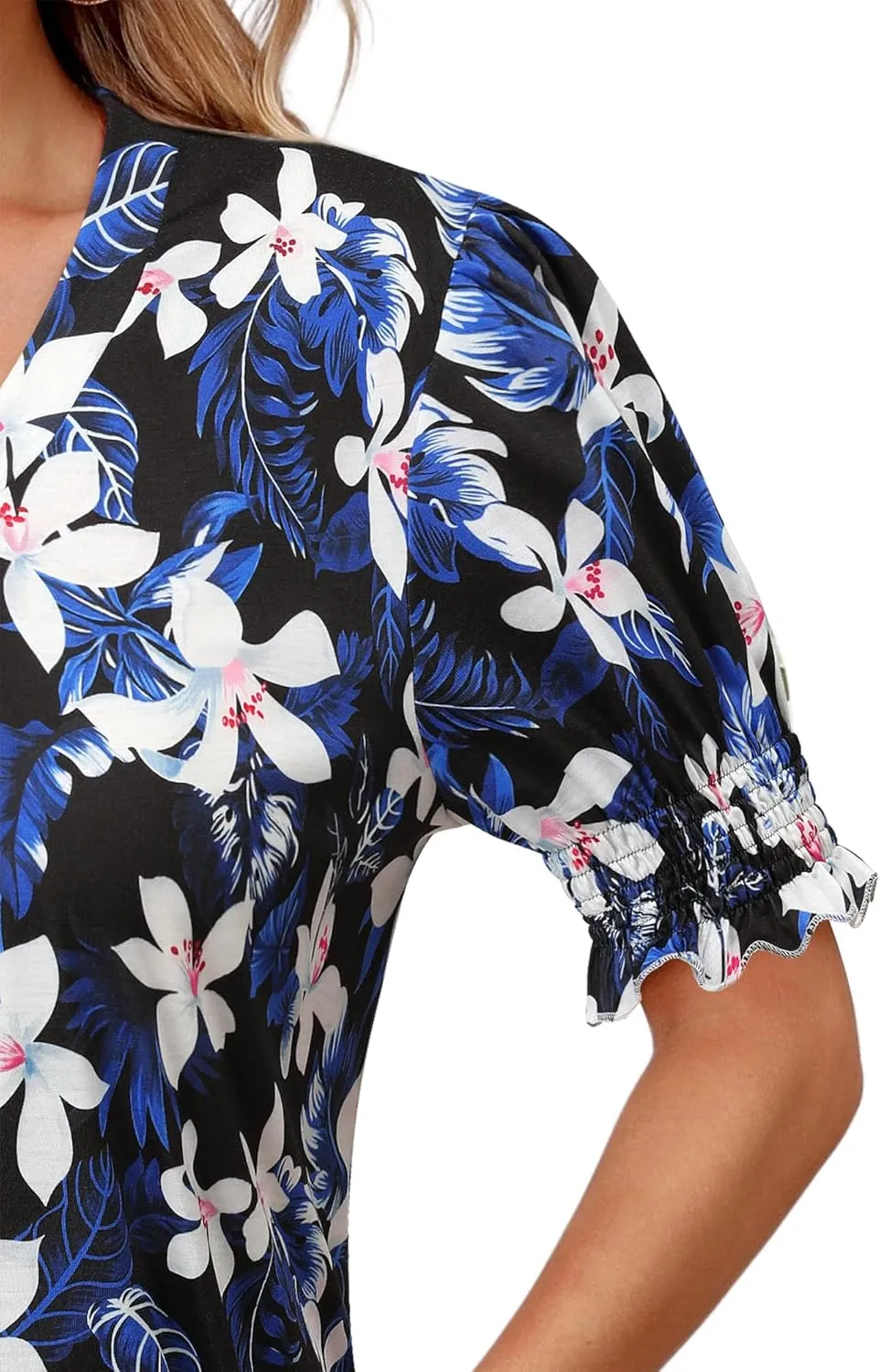 ZXZY Women Ruffle Short Sleeve Pleated V Neck Floral Print Hawaiian Shirts Blouse Tops