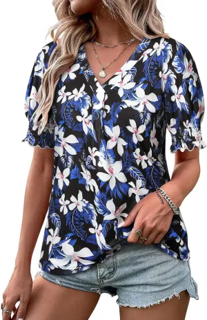 ZXZY Women Ruffle Short Sleeve Pleated V Neck Floral Print Hawaiian Shirts Blouse Tops