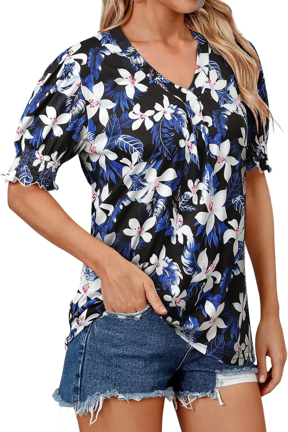 ZXZY Women Ruffle Short Sleeve Pleated V Neck Floral Print Hawaiian Shirts Blouse Tops