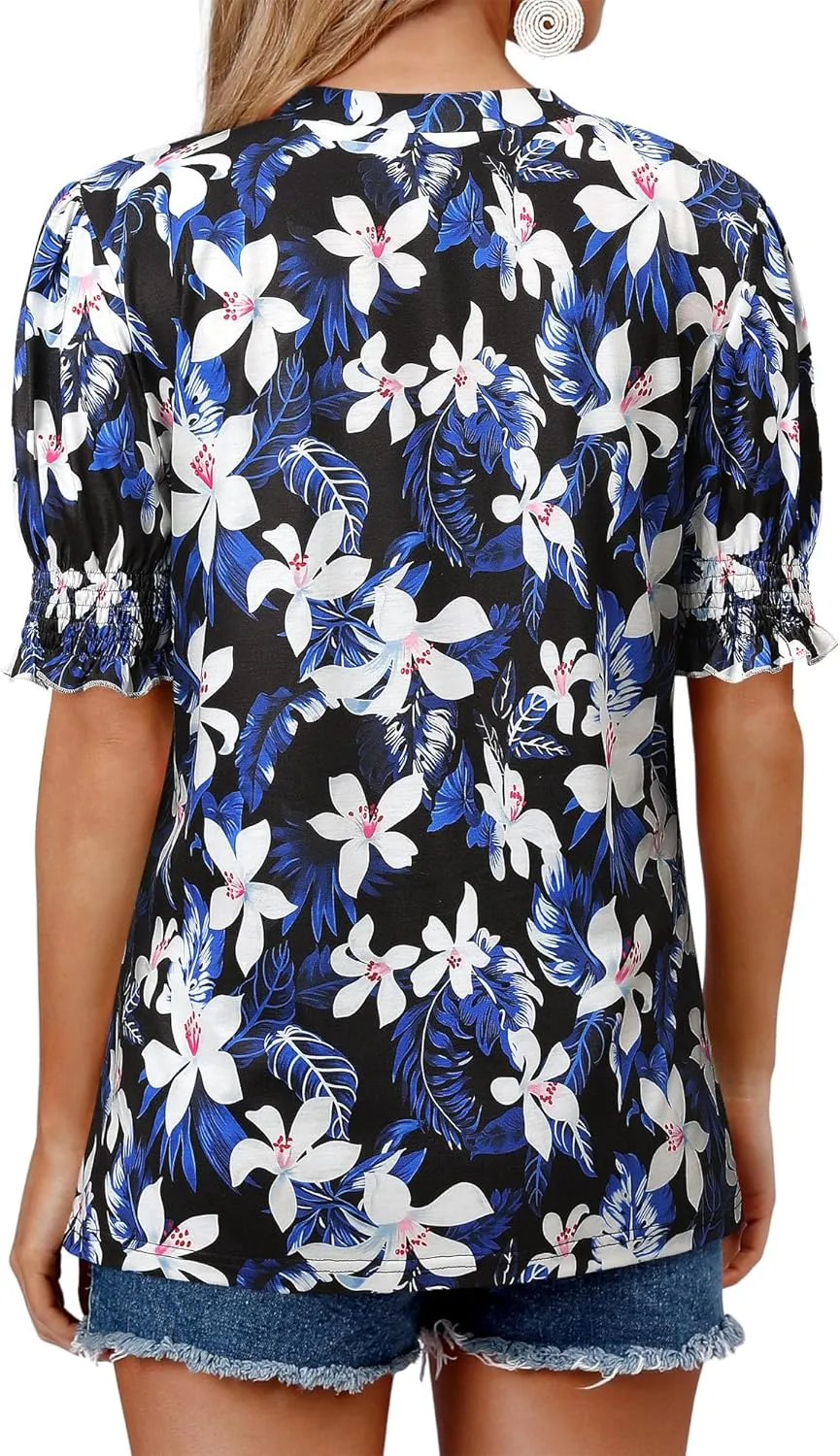 ZXZY Women Ruffle Short Sleeve Pleated V Neck Floral Print Hawaiian Shirts Blouse Tops