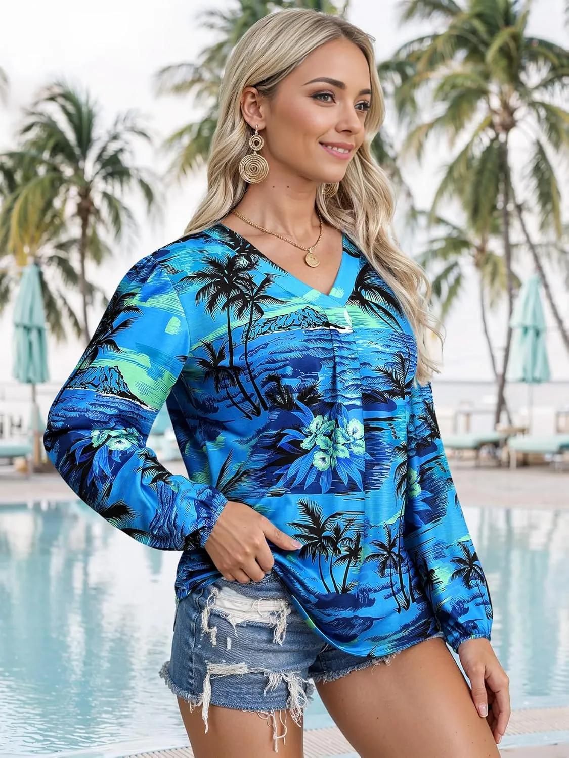 ZXZY Womens Hawaiian Shirt Vintage Leaf Floral Printed Tropical Tops V Neck Puff Long Sleeves Shirts