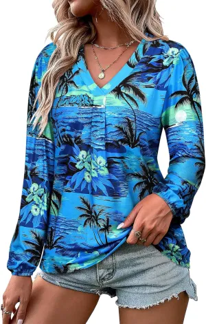 ZXZY Womens Hawaiian Shirt Vintage Leaf Floral Printed Tropical Tops V Neck Puff Long Sleeves Shirts
